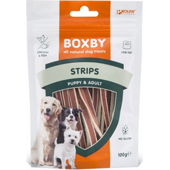 BOXBY STRIPS FOR DOGS 100G -  STRĒMELĪTES KUCĒNIEM UN PIEAUGUŠIEM (VISTA UN ZIVIS)