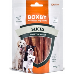 BOXBY SLICES FOR DOGS 100G - ŠĶĒLĪTES KUCĒNIEM UN PIEAUGUŠIEM SUŅIEM (VISTA)