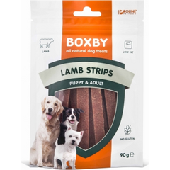 BOXBY LAMB STRIPS PUPPY&ADULT 90G - JĒRA GAĻAS ŠĶĒLITES KUCĒNIEM UN PIEAUGUŠIEM