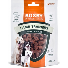 BOXBY LAMB TRAINERS PUPPY & ADULT 100G - JĒRA GAĻAS GABALIŅI KUCĒNIEM UN PIEAUGUŠIEM SUŅIEM