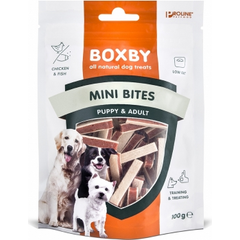 BOXBY MINI BITES PUPPY&ADULT 100G - MINI STRĒMELĪTES KUCĒNIEM UN PIEAUGUŠIEM (VISTA UN ZIVIS)