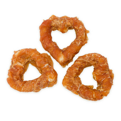 HAU & MIAU rawhide hearts wrapped in chicken 7-8cm 500g - Papildbarība pieaugušiem suņiem, vistas gaļā ietītas ādas sirsniņas