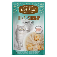 CatFest Tuna With Shrimp in Jelly 70g - Pilnvērtīga mitrā barība pieaugušiem kaķiem, okeāna tunzivs filejas gabaliņi ar veseliem garnelēm želejā