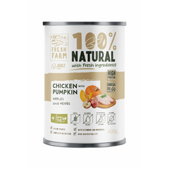 Fresh Farm DOG Coarse pate chicken,pumpkin,apples & herbs 400gr - pilnvērtīga barība, pastētes veida konservi ar vistas gaļu