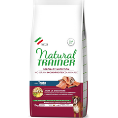 NATURAL TRAINER DOG NO GRAIN ADULT MEDIUM/MAXI TROUT 12 KG - pilnvērtīga un sabalansēta barība pieaugušiem vidēja un liela izmēra suņiem (>11 kg)
