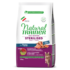 NATURAL TRAINER CAT ADULT STERILIZED ADULT WITH TROUT 1.5 KG - pilnvērtīga barība sterilizētiem kaķiem no viena gada vecuma. Ideāli piemērota arī slinkiem kaķiem vai tiem, kas dzīvo tikai telpās. Palīdz samazināt sterilizācijas ietekmi uz svaru.