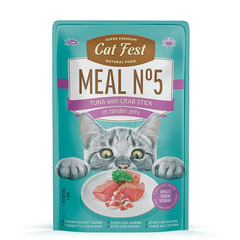 CatFest Meal Nr5 Tuna with crab stick in tender jelly 50g - konservēta mitrā barība kaķiem, klusā okeāna tuncis un krābju nūjiņas maigā želejā