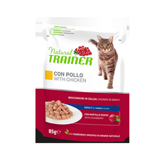 NATURAL TRAINER  CAT CHICKEN 85G - pilnvērtīga barība pieaugušiem kaķiem, konservi gabaliņi želējā ar vistas gaļu un dzērveņu lapu ekstraktu.
