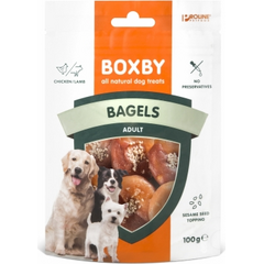 Boxby Bagels Chicken & Lamb 100g - papildbarība pieaugušiem suņiem, bageļi ar jēra gaļu un vistu, pārkaisīti ar sezama sēklām, kas tiem piešķir unikālu riekstu garšu.
