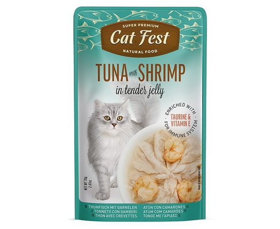 CatFest Tuna With Shrimp in Jelly 70g - Pilnvērtīga mitrā barība pieaugušiem kaķiem, okeāna tunzivs filejas gabaliņi ar veseliem garnelēm želejā