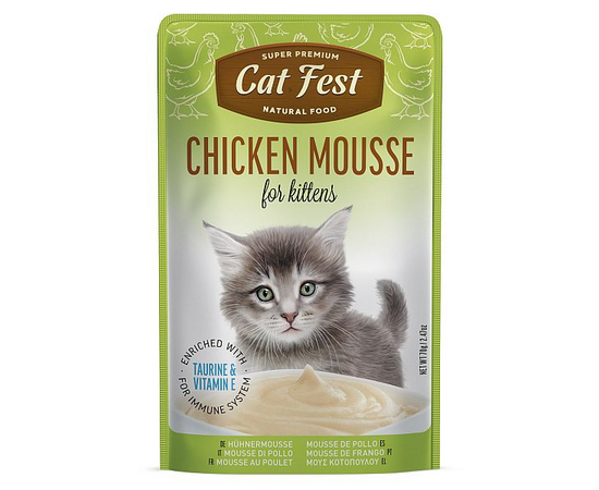 CatFest Kitten Chicken Mousse 70g - mitrā papildbarība ar vistas gaļu ar maigu putētu tekstūru, ideāli piemērota maziem kaķēniem