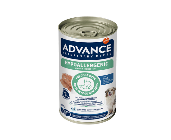 ADVANCE VETERINARY DIET DOG HYPOALLERGENIC TROUT 400G - KONSERVI SUŅIEM AR BARĪBAS NEPANESĪBU UN ALERĢIJĀM
