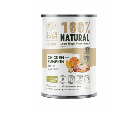 Fresh Farm DOG Coarse pate chicken,pumpkin,apples & herbs 400gr - pilnvērtīga barība, pastētes veida konservi ar vistas gaļu