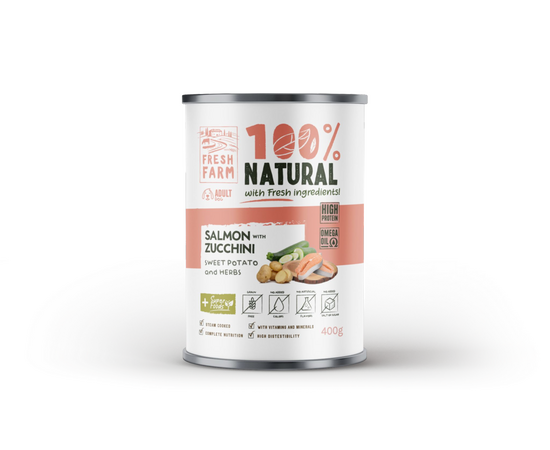 Värskelt Farmi Koera Toskva pate kala, suvikõrvits, maguskartul ja ürdid 400gr - jämedateraline pate, lõhe, suvikõrvits, maguskartulid ja ürdid