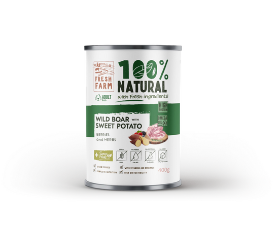 Fresh Farm DOG Coarse pate wild boar, sweet potato, berries & herbs 400gr - rupjas konsistences pastēte, mežacūkas gaļa, saldie kartupeli, ogas un garšaugi