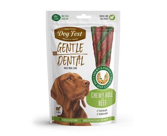 DogFest Hambapuhastussüsivesik roll veisega täiskasvanud koertele 100g - toidulisand koertele, närimisroll veiselihaga täiskasvanud koertele