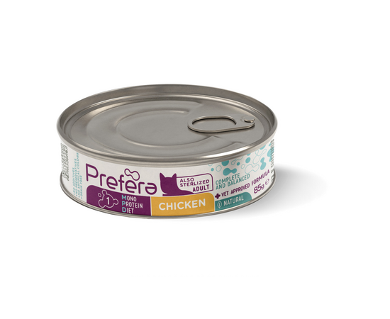 Fresh Farm CAT Prefera MPD Adult chicken 85gr - pilnvērtīga mitrā barība pieaugušiem kaķiem (arī sterelizētiem), monoproteīna barība ar vistas gaļu.