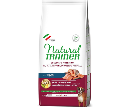 NATURAL TRAINER DOG NO GRAIN ADULT MEDIUM/MAXI TROUT 12 KG - pilnvērtīga un sabalansēta barība pieaugušiem vidēja un liela izmēra suņiem (>11 kg)
