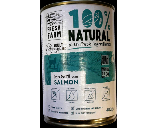 Prefera Fresh Farm CAT Smooth pate with salmon & fish 400 gr - täisväärtuslik toit kassidele, pasteet tüüpi konserveeritud toit kassidele, lõhe ja kalaga.