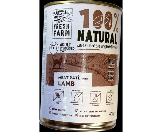 Prefera Fresh Farm CAT Smooth pate with lamb 400 gr - täisväärtuslik toit kassidele, pasteedi kujuline konservtoit kassidele, lambaliha.