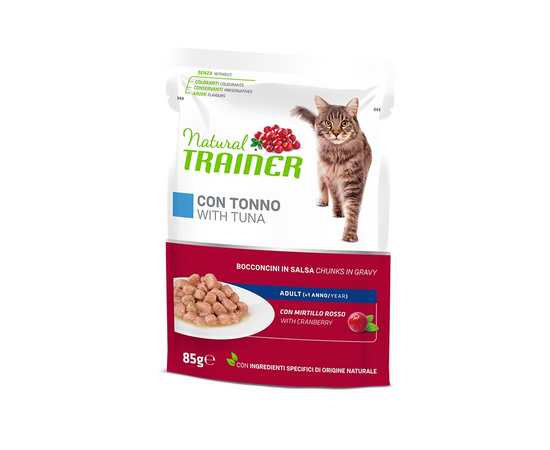 NATURAL TRAINER CAT TUNA 85G - pilnvērtīga barība pieaugušiem kaķiem, konservi gabaliņi želējā ar tunci, mājputnu gaļu un dzērveņu lapu ekstraktu.
