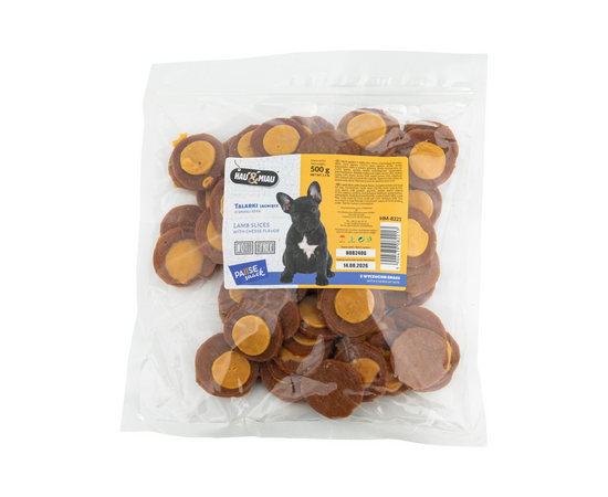 HAU & MIAU lamb slices with cheese flavor 500 g - papildbarība pieaugušiem suņiem, jēra gaļas šķēles ar siera garšu