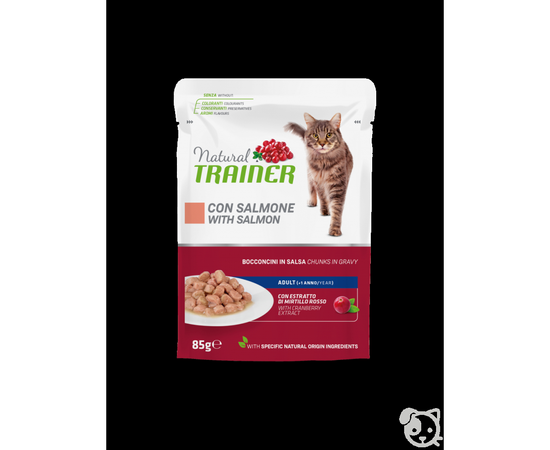 NATURAL TRAINER CAT SALMON 85G - pilnvērtīga barība pieaugušiem kaķiem, konservi gabaliņi želējā ar lasi, vistas gaļu un dzērveņu lapu ekstraktu.