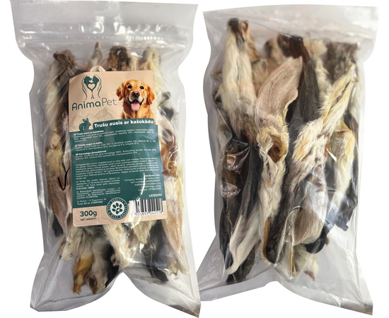 Animapet Trušu ausis 300 g - papildbarība suņiem, 100% dabīgas kaltētas trušu ausis ar kažokādu.