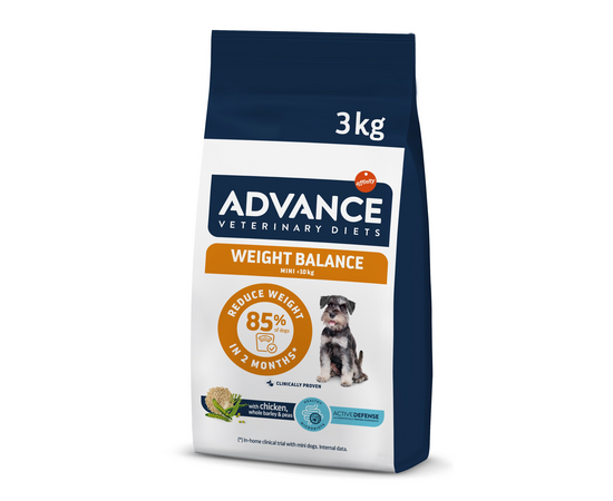 ADVANCE DOG VETERINARY DIETS WEIGHT BALANCE MINI ir diētiska, pilnvērtiga barība pieaugušiem miniatūra izmēra suņiem ar īpaši izstrādātu sastāvu, kas nodrošina samazinātu metabolizējamo enerģiju pārmērīga ķermeņa svara samazināšanai, un ar zemu tauku satu
