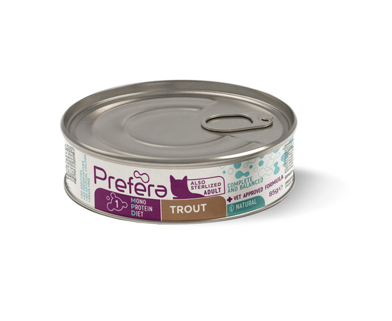 Fresh Farm CAT Prefera MPD Adult trout 85gr - pieaugušiem kaķiem (arī sterelizētiem), monoproteīna barība ar foreli