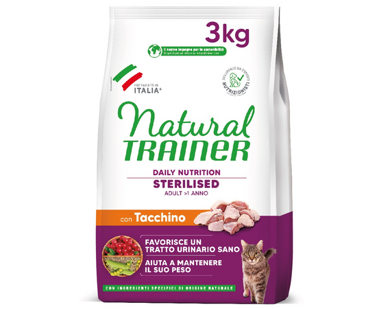 NATURAL TRAINER CAT STERILISED TURKEY 3KG - pilnvērtīga sausā barība ar tītara gaļu pieaugušiem sterilizētiem kakiem