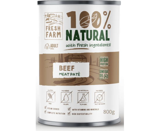 Prefera Fresh Farm DOG Smooth pate with beef 800gr - pilnvērtīga barība, pastētes veida konservi suņiem, ar liellopu gaļu.