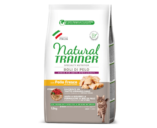 NATURAL TRAINER CAT HAIRBALL CHICKEN 1.5 KG - pilnvērtīga un sabalansēta barība pieaugušiem kaķiem no 1 gada vecuma
