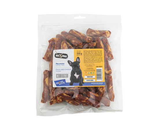 HAU & MIAU duck and chesse 500g – papildbarība pieagušiem suņiem, pīles gaļas un siera standziņas