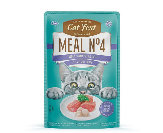 CatFest Meal Nr4 Tuna with scallop in tender jelly 50g - konservēta mitrā barība kaķiem, klusā okeāna tuncis ar jūras ķemmītēm maigā želejā
