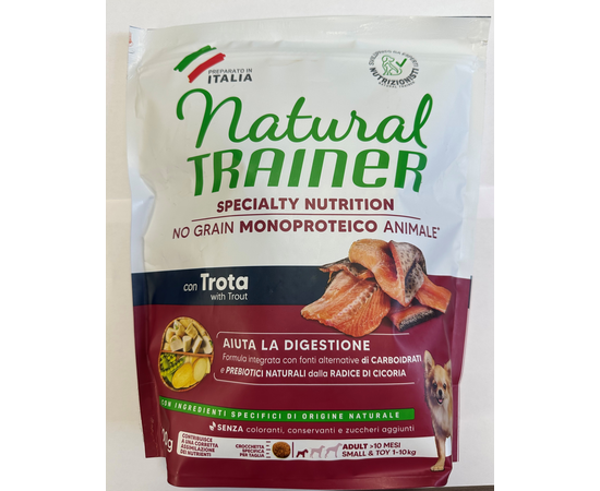 NATURAL TRAINER DOG NO GRAIN ADULT SMALL&TOY TROUT 800GR - pilnvērtīga un sabalansēta barība pieaugušiem maza izmēra suņiem