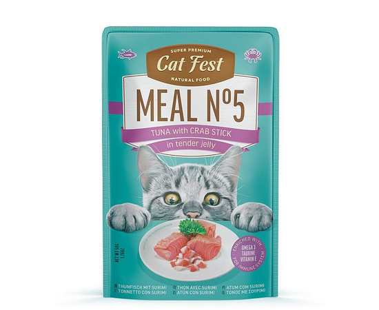 CatFest Meal Nr5 Tuna with crab stick in tender jelly 50g - konservēta mitrā barība kaķiem, klusā okeāna tuncis un krābju nūjiņas maigā želejā