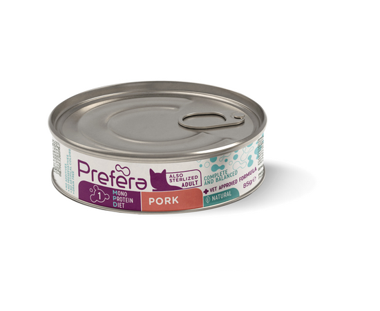 Fresh Farm CAT Prefera MPD Adult pork 85gr - pieaugušiem kaķiem (arī sterelizētiem), monoproteīna barība ar cūkgaļu.