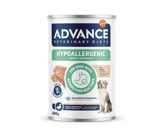 ADVANCE VETERINARY DIET DOG Hypoallergenic DUCK 400gr - paredzēta visu izmēru suņiem ar alerģiskām reakcijām uz barību