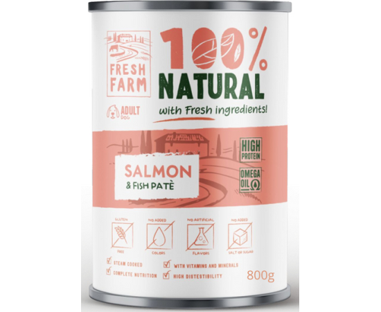 Prefera Fresh Farm Dog Smooth pate with salmon & fish 800 gr - pilnvērtīga barība, pastētes veida konservi suņiem, ar lasi un zivīm.