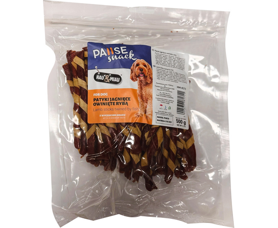 HAU & MIAU lamb sticks twined by fish 500g - papilfdbarība pieaugušiem suņiem, jēra gaļas kociņi aptīti ar zivs strēmelem