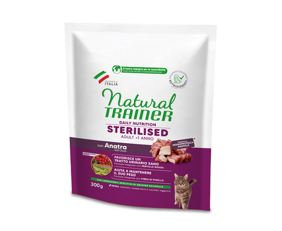 NATURAL TRAINER CAT ADULT STERILIZED WITH DUCK 300gr - pilnvērtīga sausā barība pieaugušiem sterilizetiem kaķiem ar pīli