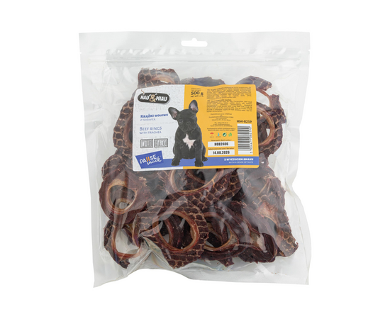 HAU & MIAU beef rings with trachea 500g - papildbarība pieaugušiem suņiem, jēra gaļas riņķi ar traheju