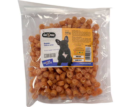 HAU&MIAU sushi - rabbit and fish 500g  — papildbarība pieaugušiem suņiem, suši ar truša gaļu un zivīm.
