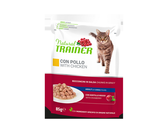 NATURAL TRAINER  CAT CHICKEN 85G - pilnvērtīga barība pieaugušiem kaķiem, konservi gabaliņi želējā ar vistas gaļu un dzērveņu lapu ekstraktu.