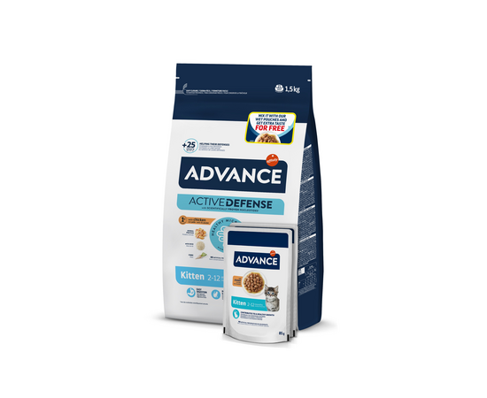 Adv cat kitten 1,5kg + 2WET ON PACK - pilnvērtīga barība kaķēniem (vecumā no 2 līdz 12 mēnešiem),  grūsnām vai barojošām kaķenēm (sausā barība un konservi).