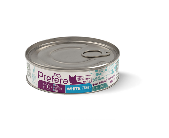 Fresh Farm CAT Prefera MPD Adult white fish 85gr - pieaugušiem kaķiem (arī sterelizētiem), monoproteīna barība ar balto zivi