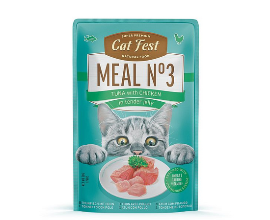 CatFest Meal Nr2 Tuna with chicken in tender jelly 50g - konservēta mitrā barība kaķiem, klusā okeāna tuncis un vistas gaļa maigā želejā
