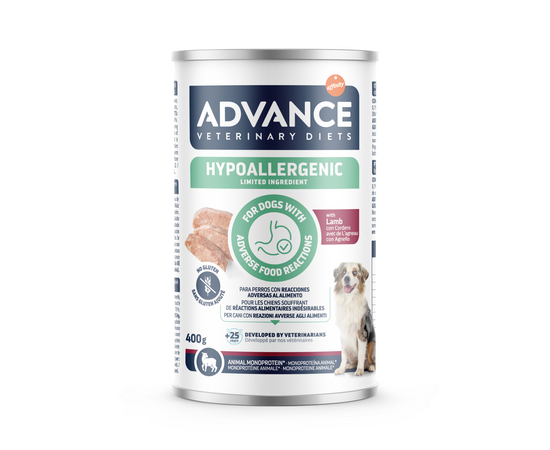 ADVANCE VETERINARY DIET DOG Hypoallergenic LAMB 400gr - mitrā barība, kas paredzēta visu izmēru suņiem ar alerģiskām reakcijām uz barību