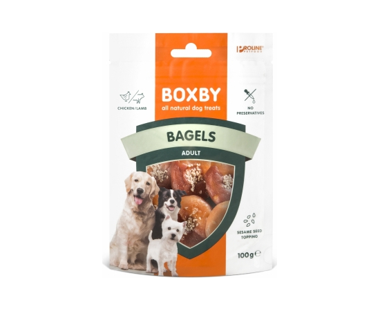 Boxby Bagels Chicken & Lamb 100g - papildbarība pieaugušiem suņiem, bageļi ar jēra gaļu un vistu, pārkaisīti ar sezama sēklām, kas tiem piešķir unikālu riekstu garšu.